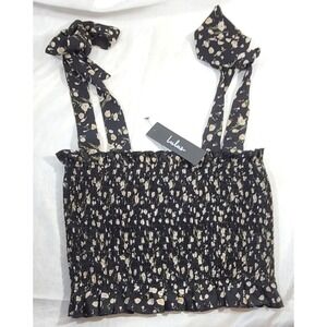 Lulus Major Crush Black Floral Print Smocked Tie-Strap Crop Top - Small
